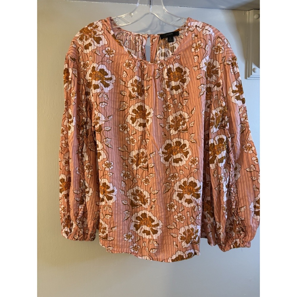 J‎ CREW Peach & Brown Floral Long Sleeve Blouse L Balloon Sleeve